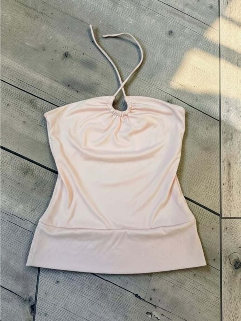 Ruched Keyhole Halter Tank Top in Pale Pink